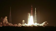 The Space Launch System blasts off from its Florida launchpad.